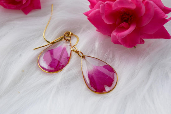 Bright Pink Carnation Petal Earrings | Dainty Gold or Silver Teardrop Earrings | Nickel Free Hooks | Real Pressed Flower Jewelry