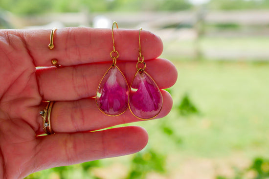 Bright Pink Carnation Petal Earrings | Dainty Gold or Silver Teardrop Earrings | Nickel Free Hooks | Real Pressed Flower Jewelry