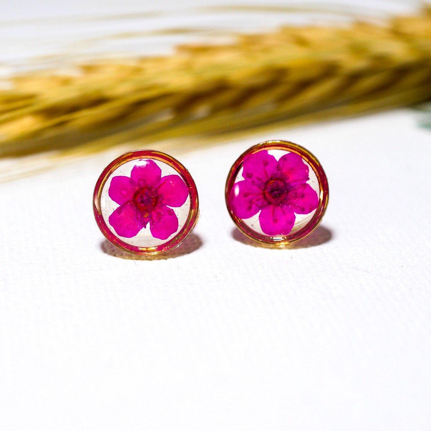 Pressed Pink Flower Earrings: Real Botanical Studs in Resin