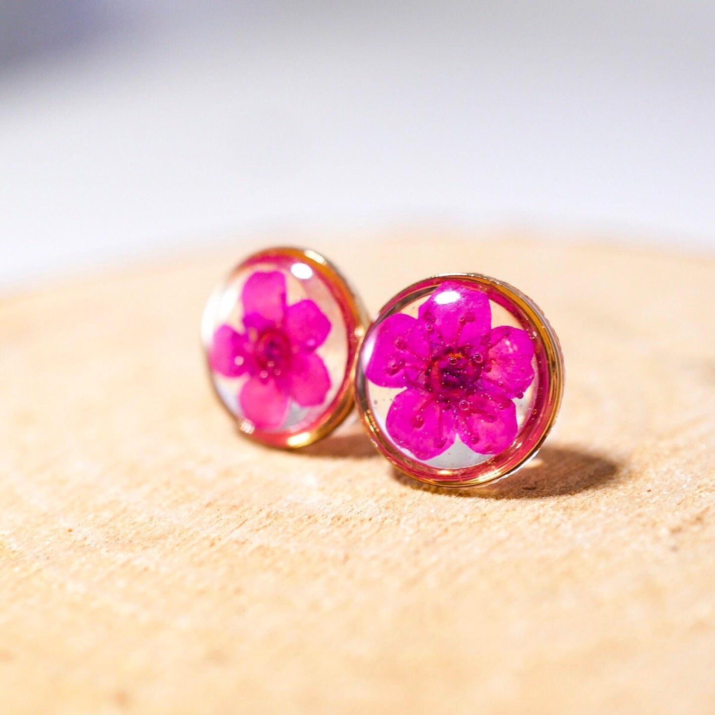 Pink flower earrings, real flower stud earrings, pressed flower jewelry, bridal terrarium earrings