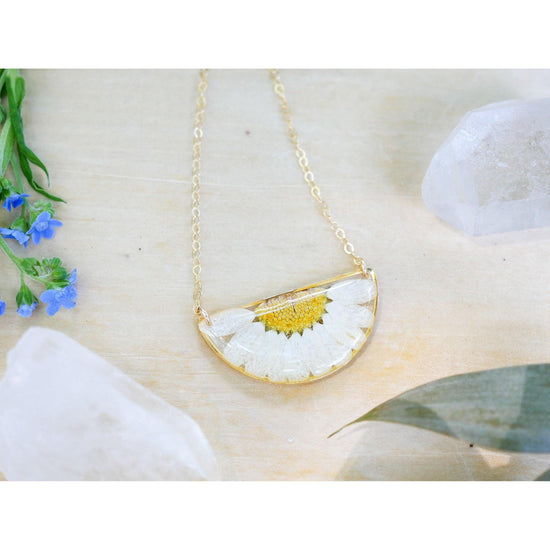 Pressed Daisy Necklace – Real Flower Half Moon Pendant – April Birth Flower Jewelry – Goldfill or Sterling Silver – Garden Daisy Gift