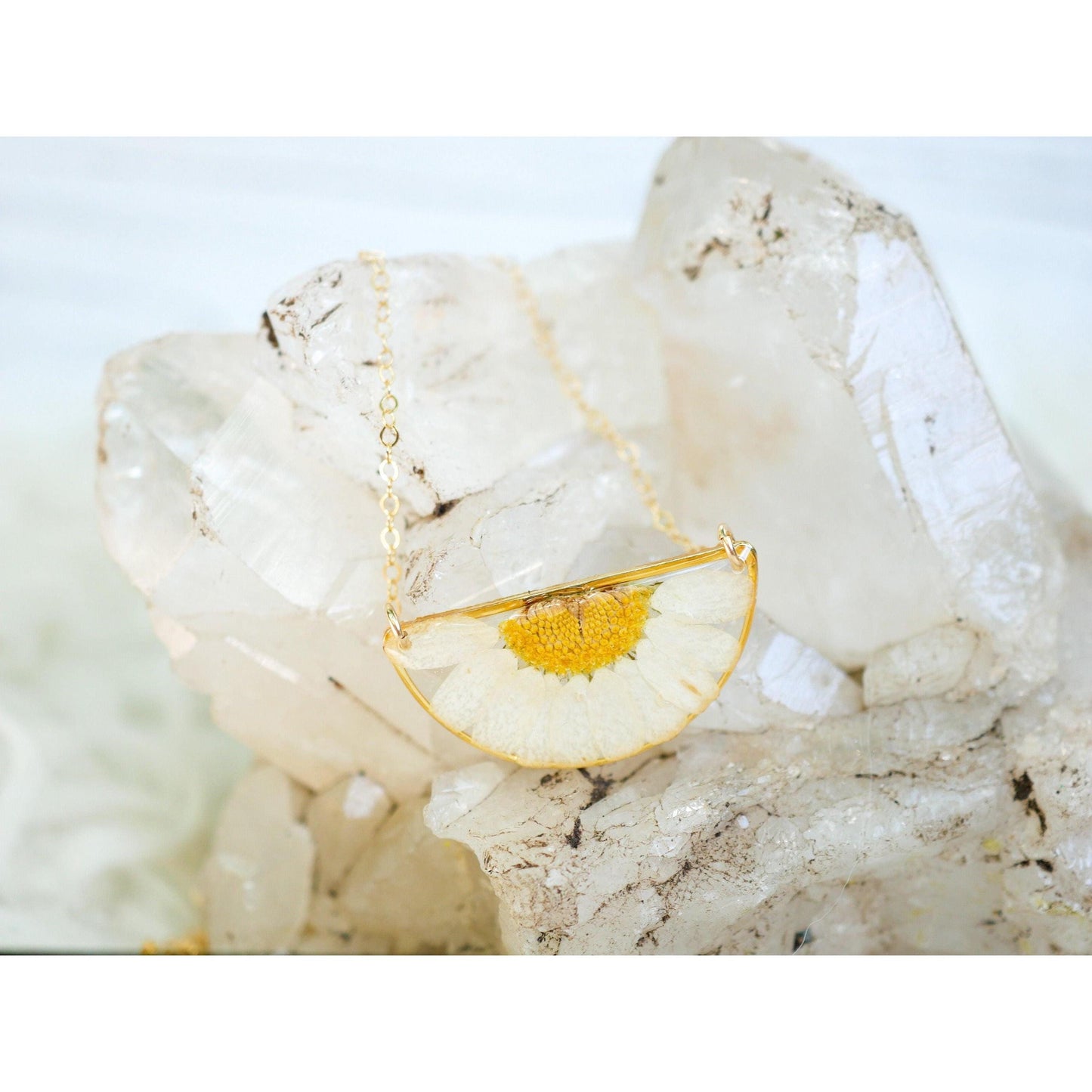 Pressed Daisy Necklace – Real Flower Half Moon Pendant – April Birth Flower Jewelry – Goldfill or Sterling Silver – Garden Daisy Gift