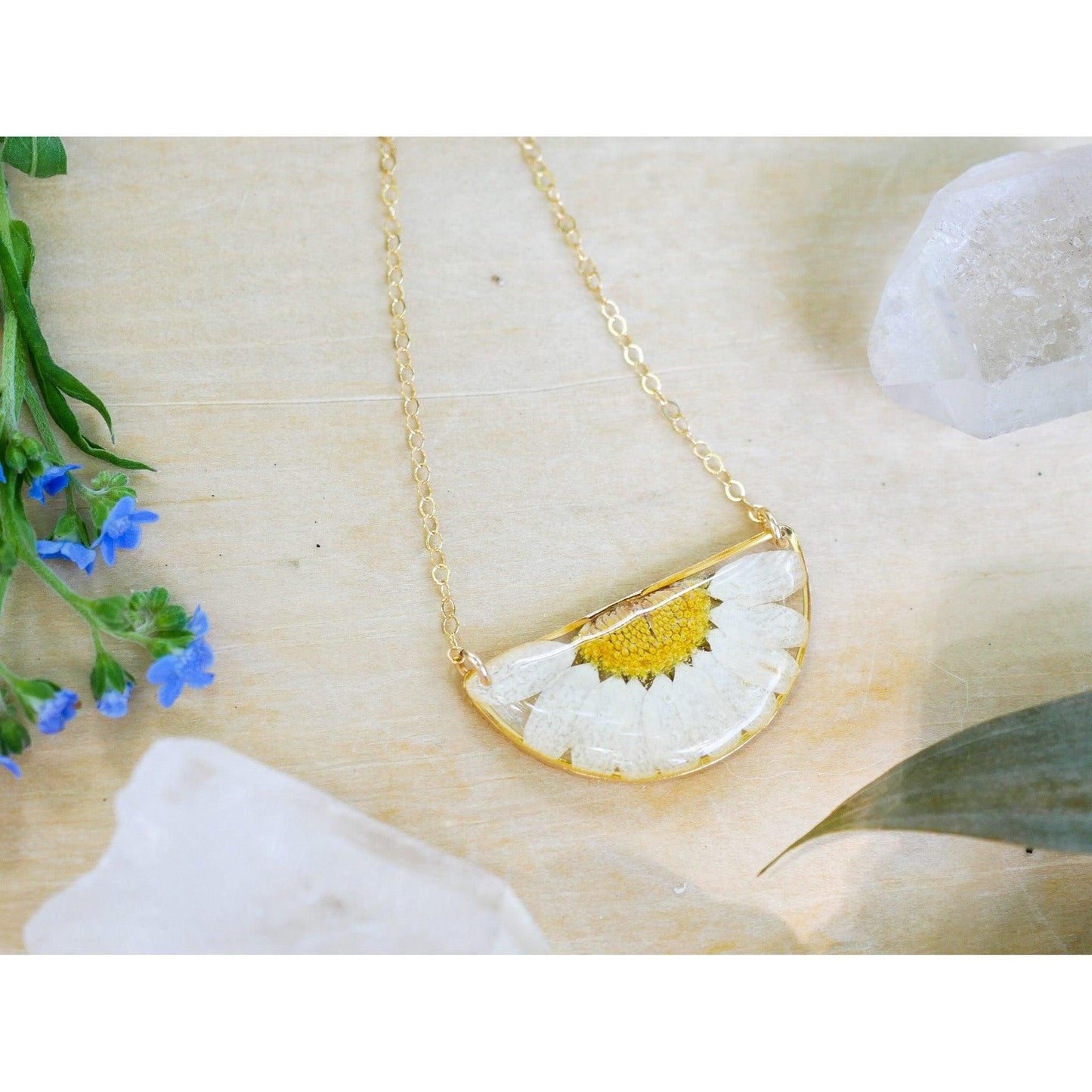 Pressed Daisy Necklace – Real Flower Half Moon Pendant – April Birth Flower Jewelry – Goldfill or Sterling Silver – Garden Daisy Gift
