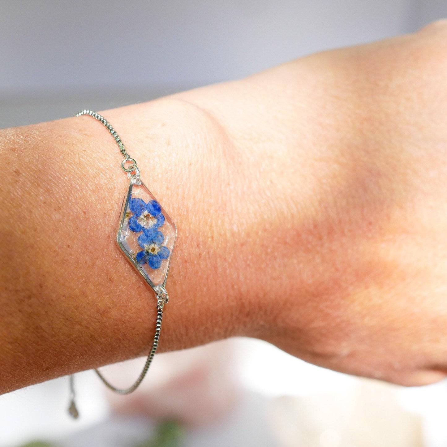 Forget Me Not Bracelet, Real Pressed Flower, Dainty Adjustable (Gold or Silver)