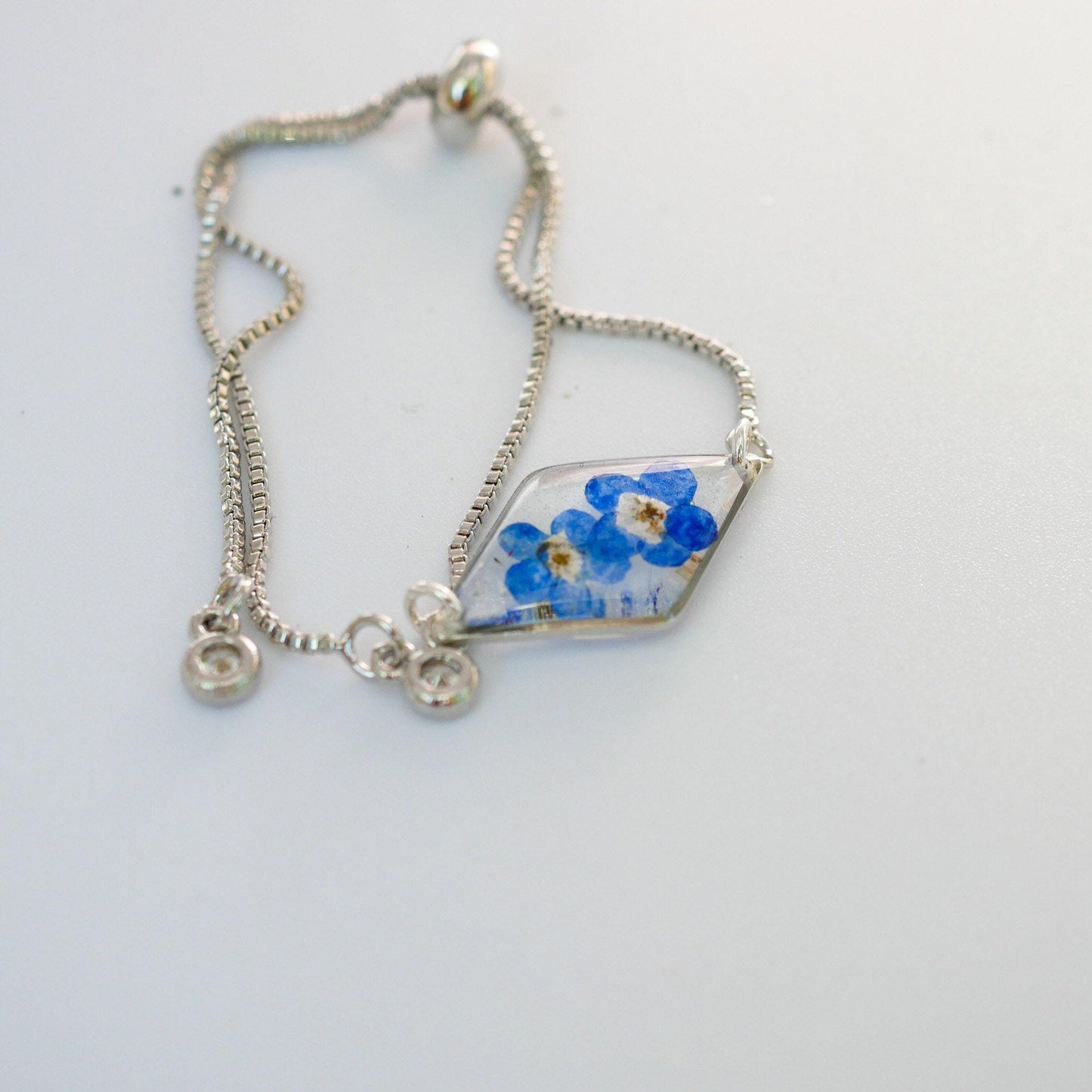 Forget Me Not Bracelet, Real Pressed Flower, Dainty Adjustable (Gold or Silver)