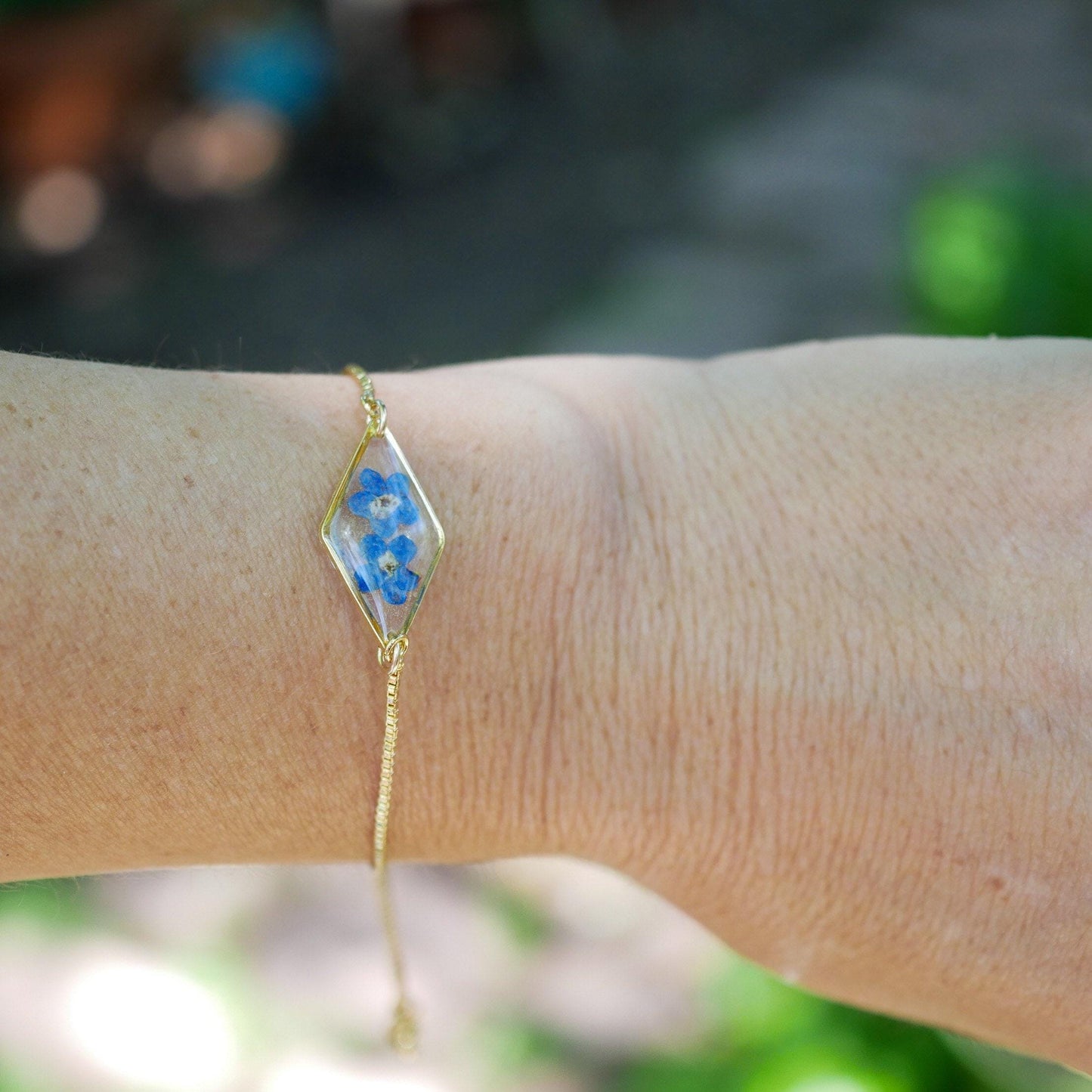 Forget Me Not Bracelet, Real Pressed Flower, Dainty Adjustable (Gold or Silver)