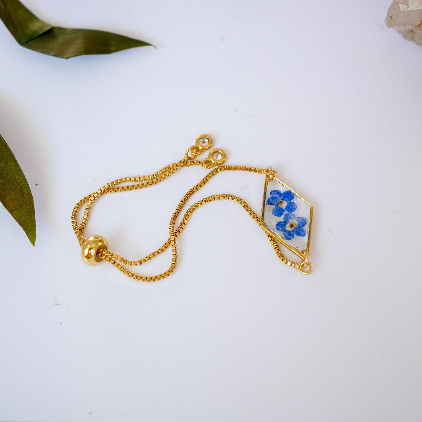 Forget Me Not Bracelet, Real Pressed Flower, Dainty Adjustable (Gold or Silver)