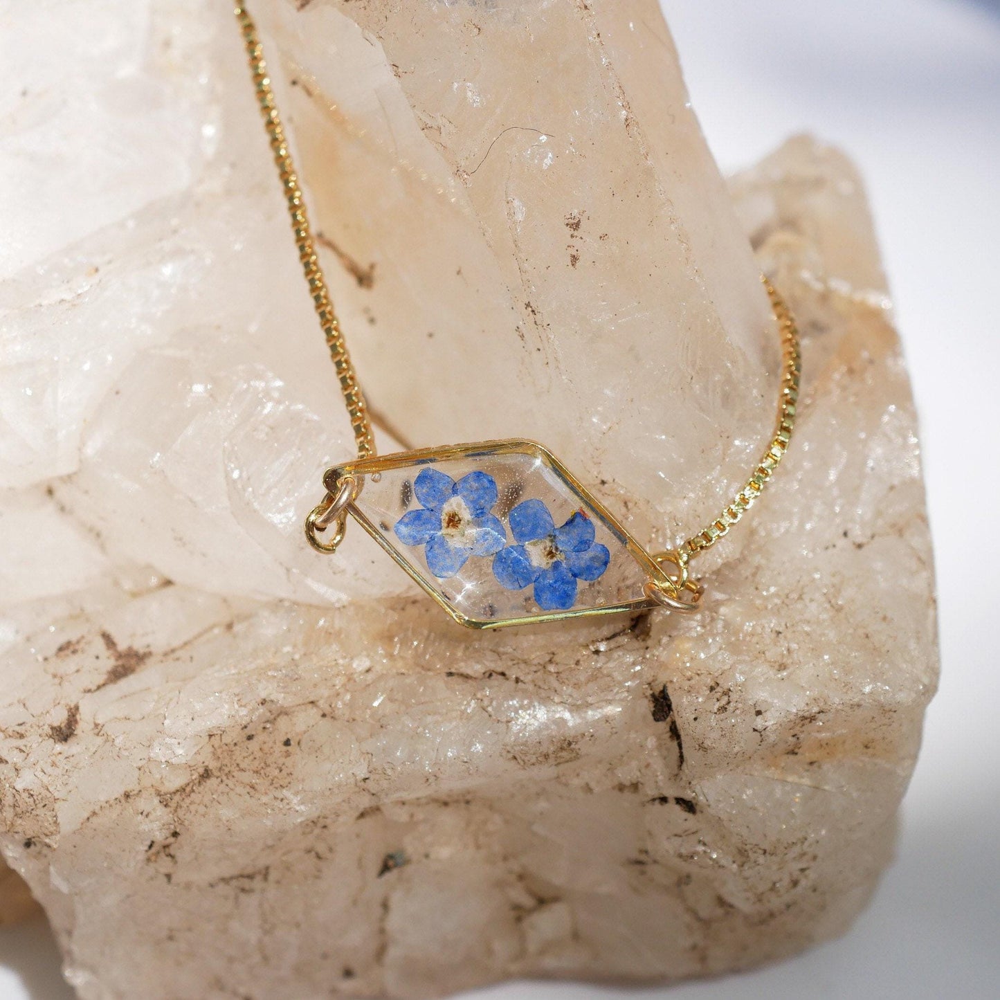 Forget Me Not Bracelet, Real Pressed Flower, Dainty Adjustable (Gold or Silver)