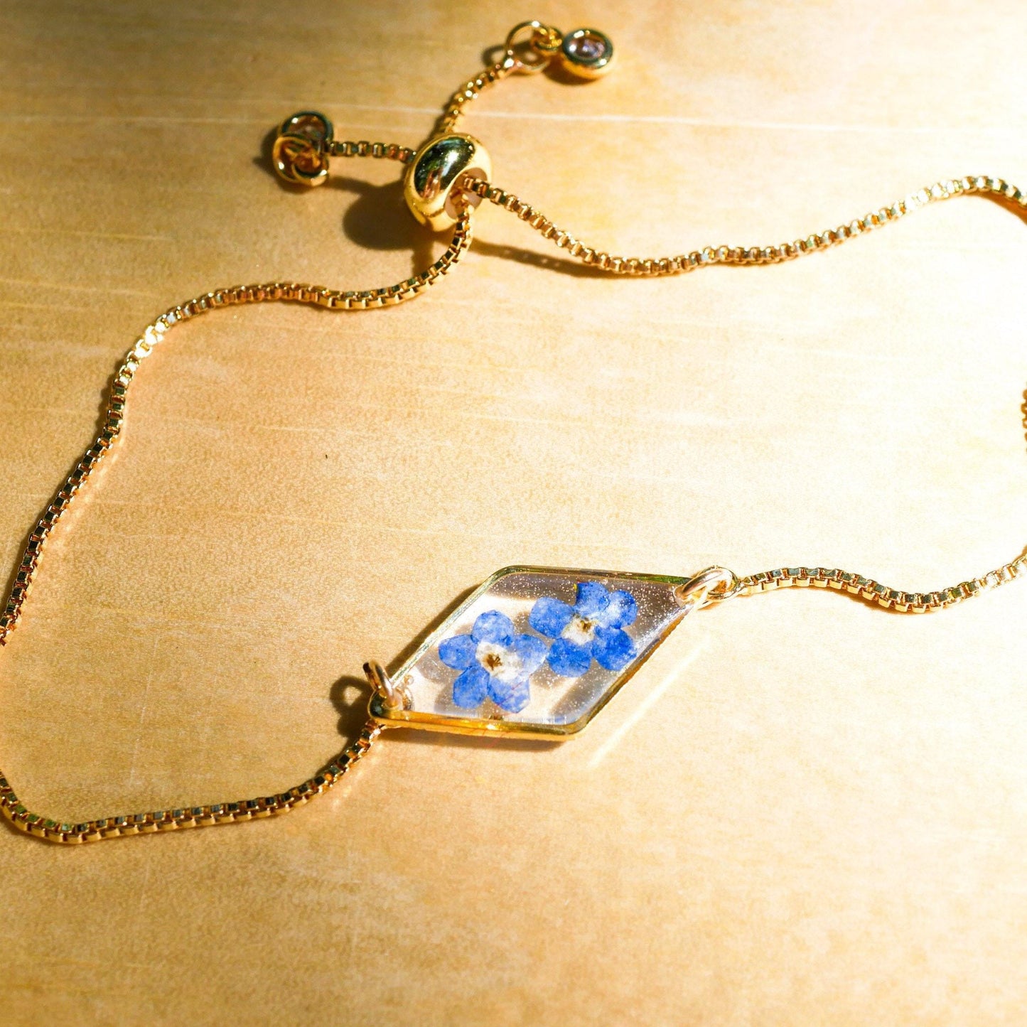 Forget Me Not Bracelet, Real Pressed Flower, Dainty Adjustable (Gold or Silver)