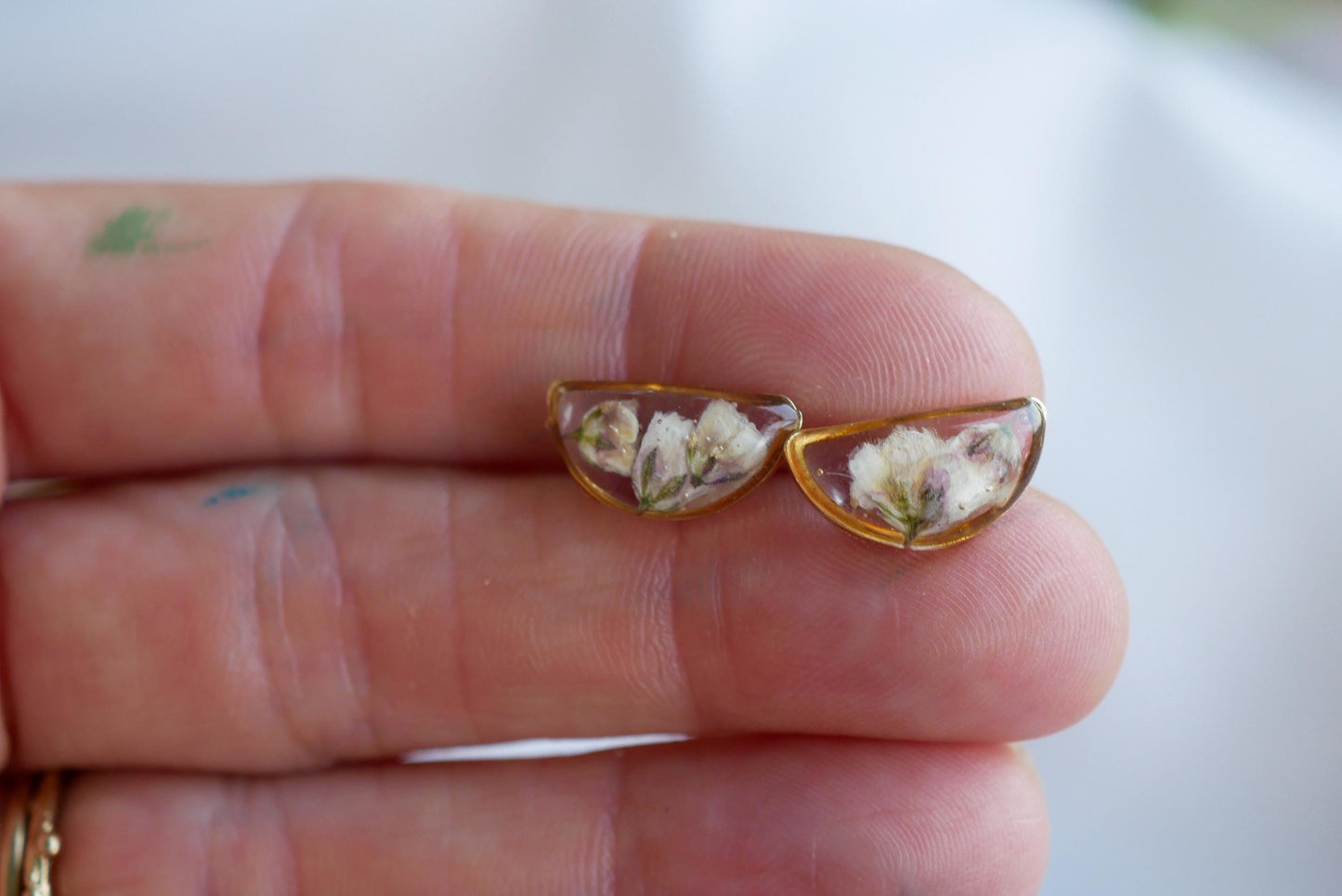 Pressed  baby's breath half moon stud earrings, dainty gold or silver floral studs-pressed flower jewelry-wedding jewelry- everyday earrings