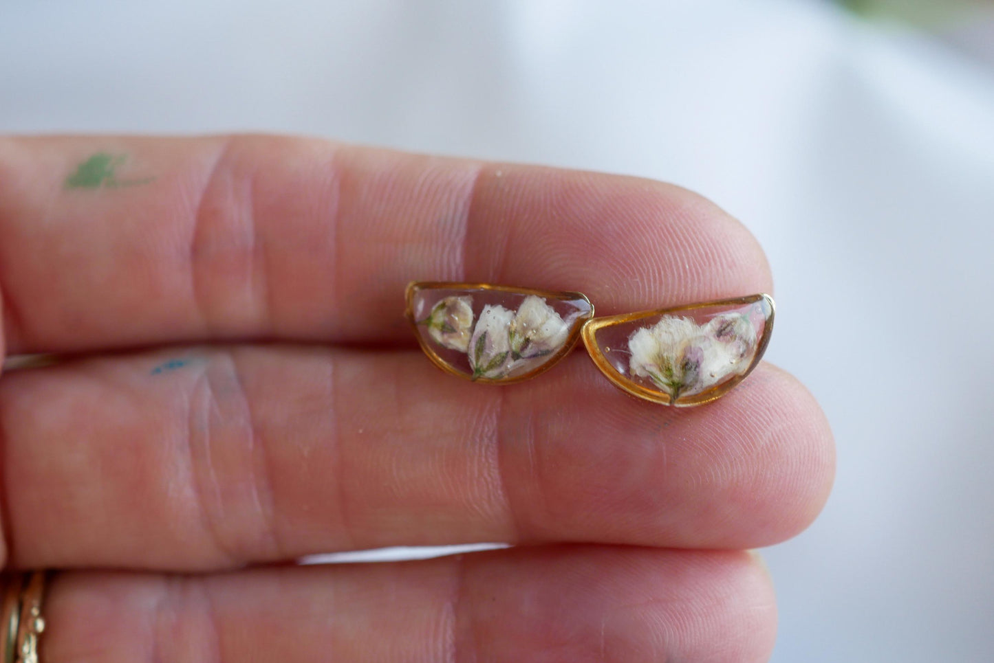 Pressed Baby’s Breath Earrings: Dainty Half Moon Floral Studs