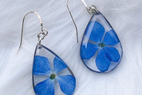 Bright Blue Hydrangea Earrings | Pressed Flower Teardrop Earrings | Gold or Silver | Lightweight Summer Jewelry