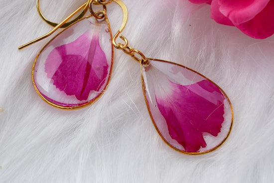 Bright Pink Carnation Petal Earrings | Dainty Gold or Silver Teardrop Earrings | Nickel Free Hooks | Real Pressed Flower Jewelry