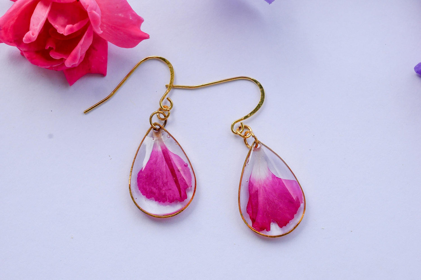 Bright Pink Carnation Petal Earrings | Dainty Gold or Silver Teardrop Earrings | Nickel Free Hooks | Real Pressed Flower Jewelry