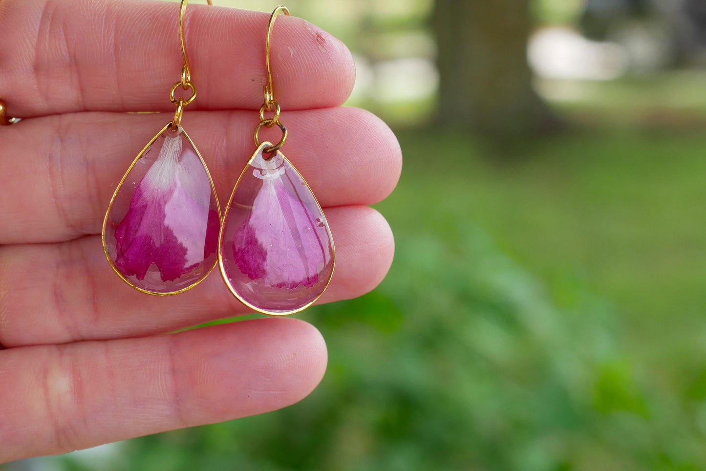 Bright Pink Carnation Petal Earrings | Dainty Gold or Silver Teardrop Earrings | Nickel Free Hooks | Real Pressed Flower Jewelry