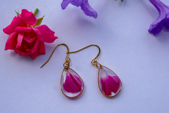 Bright Pink Carnation Petal Earrings | Dainty Gold or Silver Teardrop Earrings | Nickel Free Hooks | Real Pressed Flower Jewelry