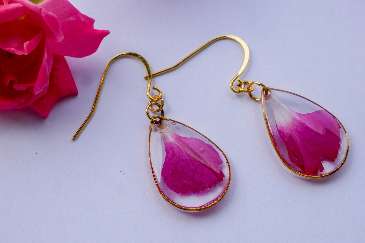 Bright Pink Carnation Petal Earrings | Dainty Gold or Silver Teardrop Earrings | Nickel Free Hooks | Real Pressed Flower Jewelry