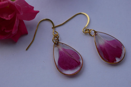 Bright Pink Carnation Petal Earrings | Dainty Gold or Silver Teardrop Earrings | Nickel Free Hooks | Real Pressed Flower Jewelry