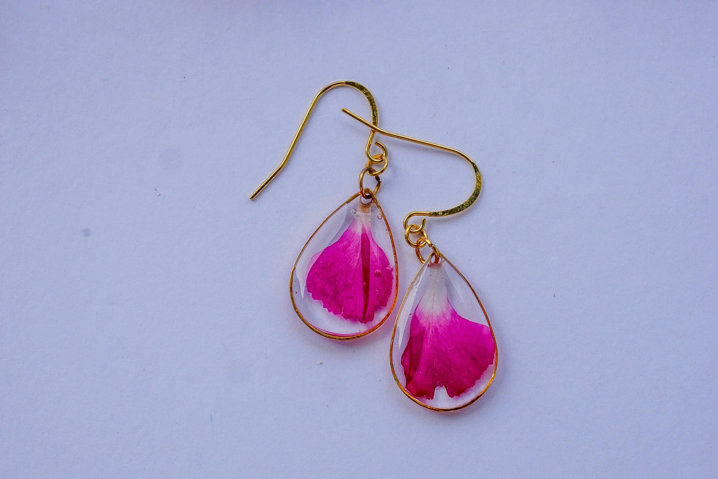 Bright Pink Carnation Petal Earrings | Dainty Gold or Silver Teardrop Earrings | Nickel Free Hooks | Real Pressed Flower Jewelry