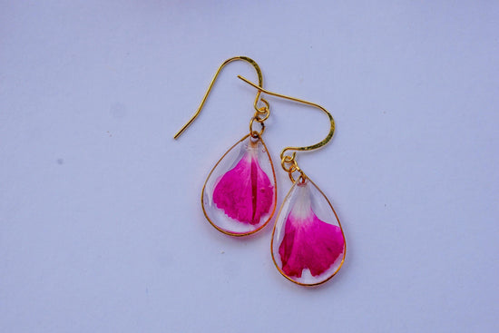 Bright Pink Carnation Petal Earrings | Dainty Gold or Silver Teardrop Earrings | Nickel Free Hooks | Real Pressed Flower Jewelry