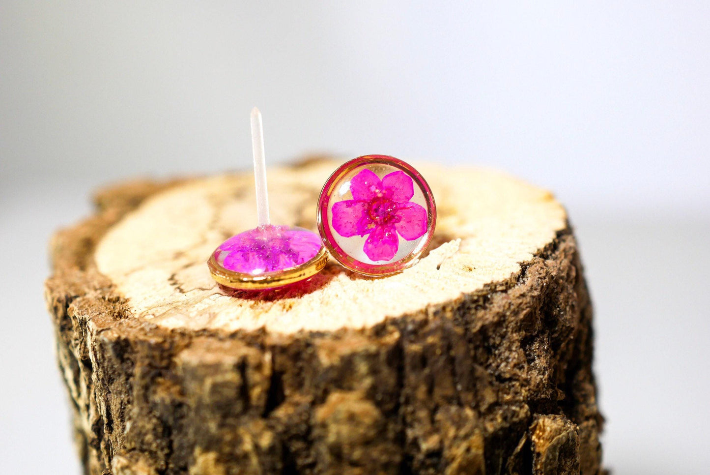 Pink flower earrings, real flower stud earrings, pressed flower jewelry, bridal terrarium earrings