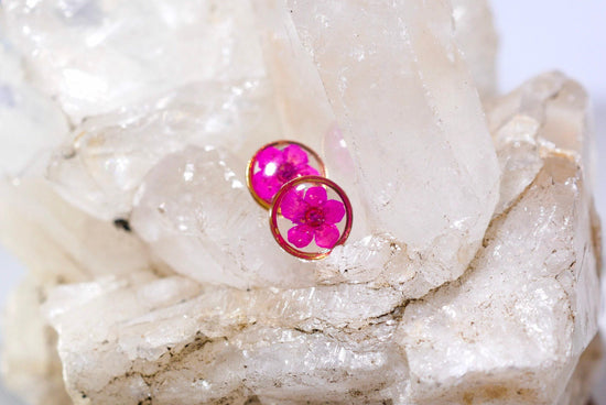 Pink flower earrings, real flower stud earrings, pressed flower jewelry, bridal terrarium earrings