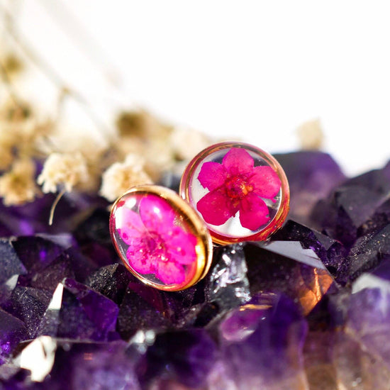 Pink flower earrings, real flower stud earrings, pressed flower jewelry, bridal terrarium earrings