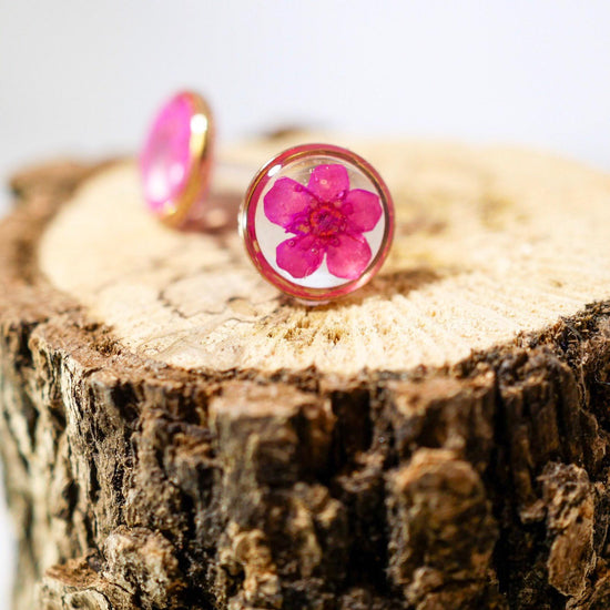 Pink flower earrings, real flower stud earrings, pressed flower jewelry, bridal terrarium earrings