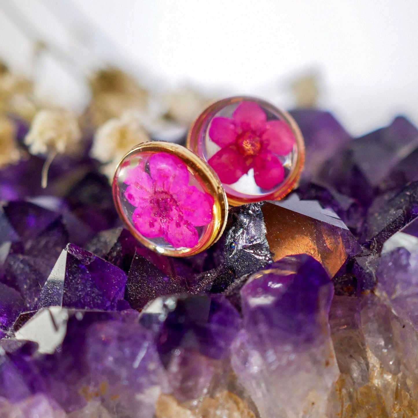Pink flower earrings, real flower stud earrings, pressed flower jewelry, bridal terrarium earrings
