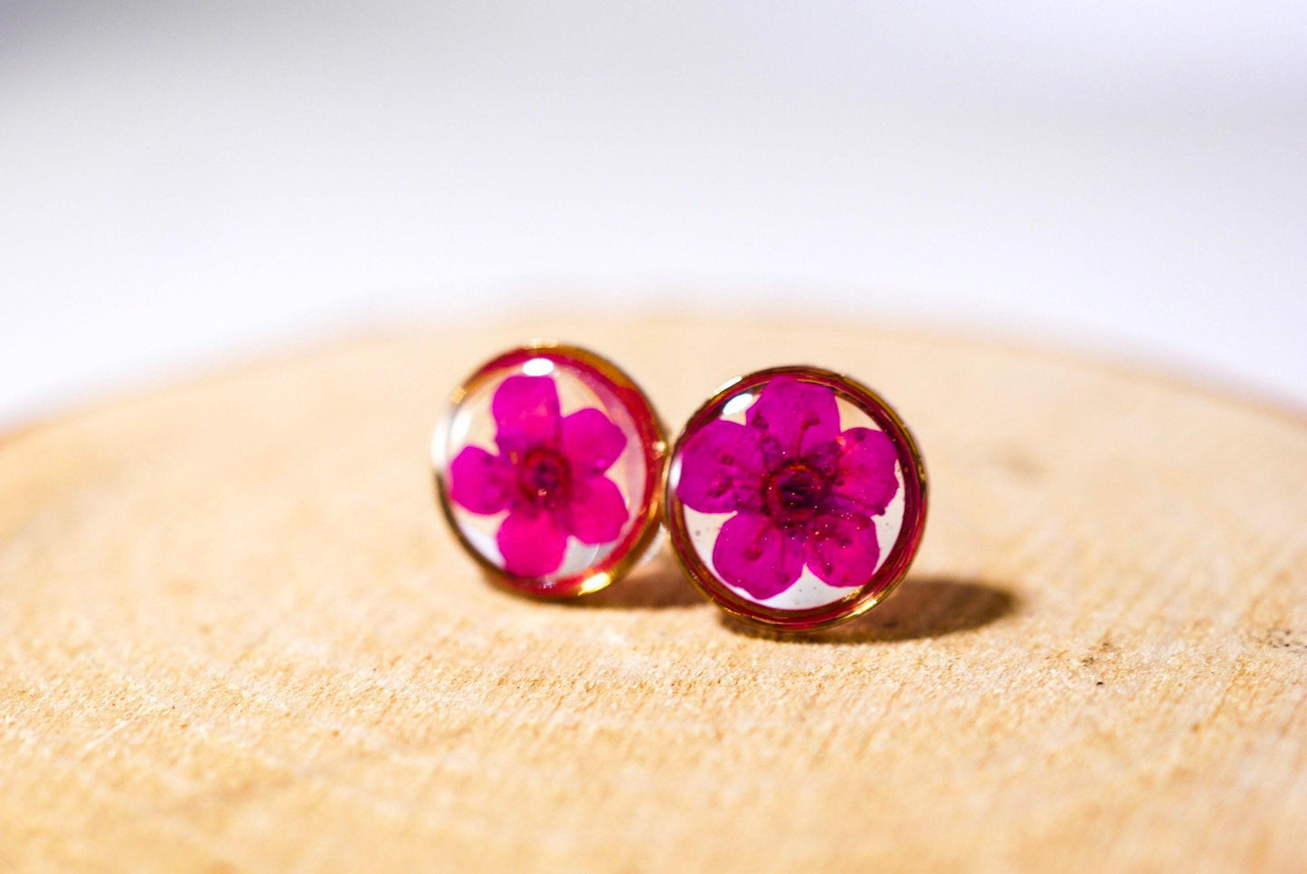 Pink flower earrings, real flower stud earrings, pressed flower jewelry, bridal terrarium earrings