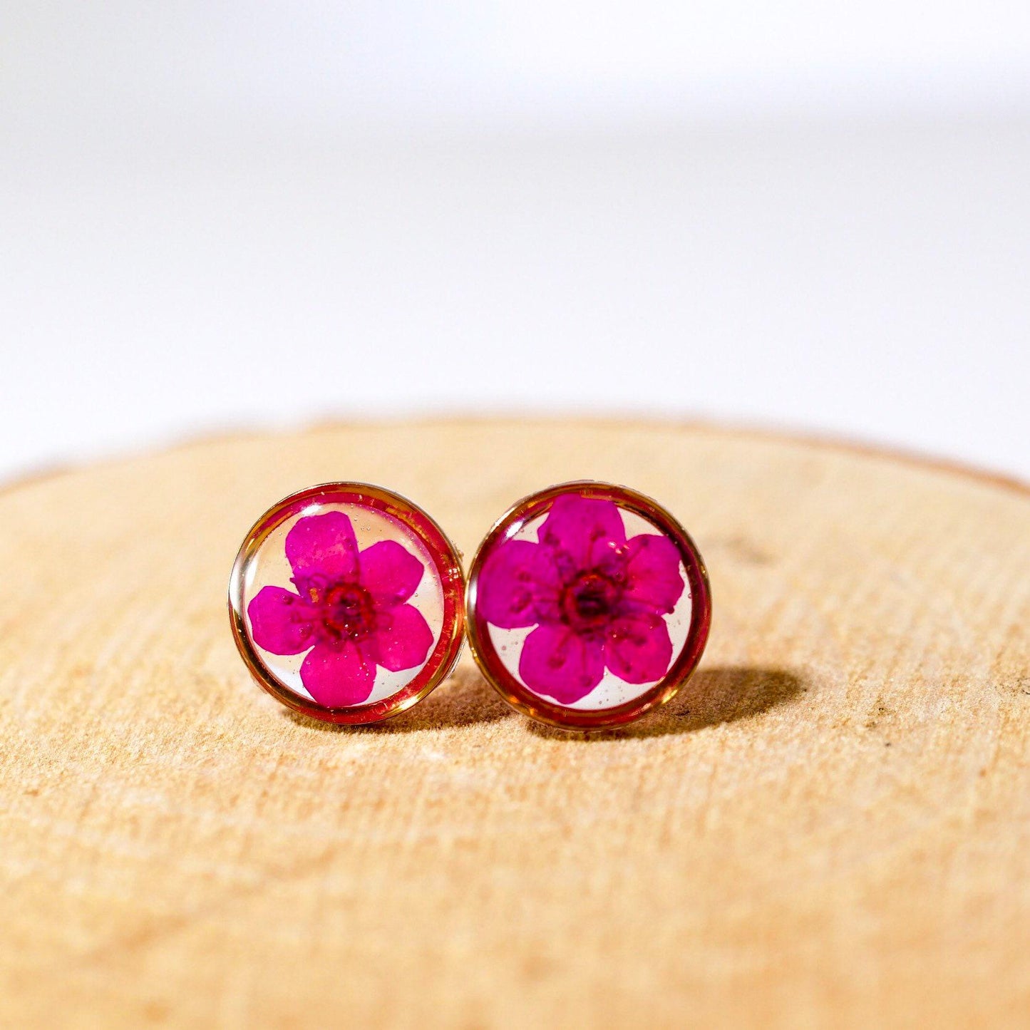 Pink flower earrings, real flower stud earrings, pressed flower jewelry, bridal terrarium earrings