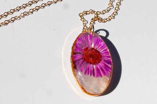 September birth flower and birthstone necklace. Crushed moonstone pressed aster, custom septum birthflower