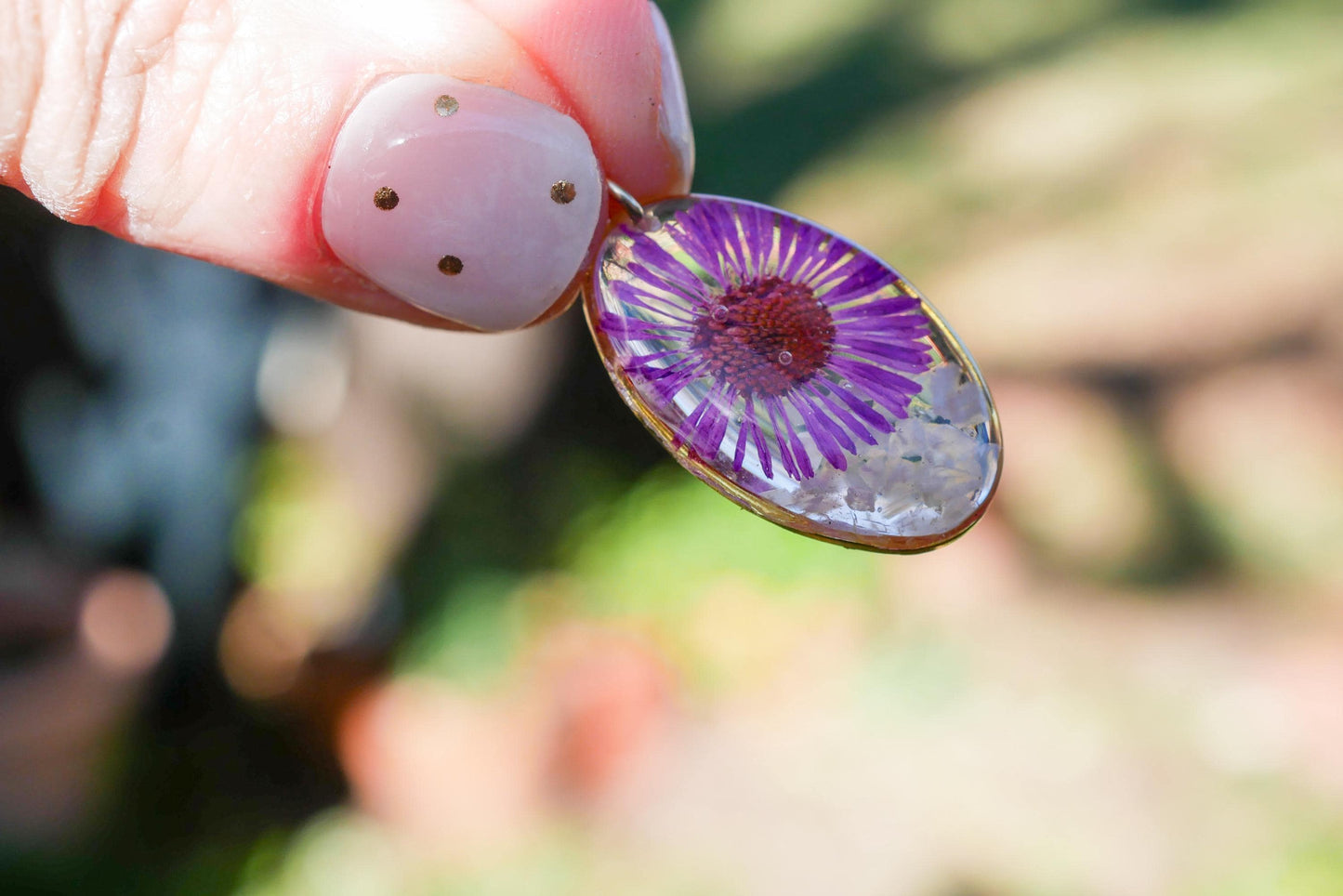September birth flower and birthstone necklace. Crushed moonstone pressed aster, custom septum birthflower