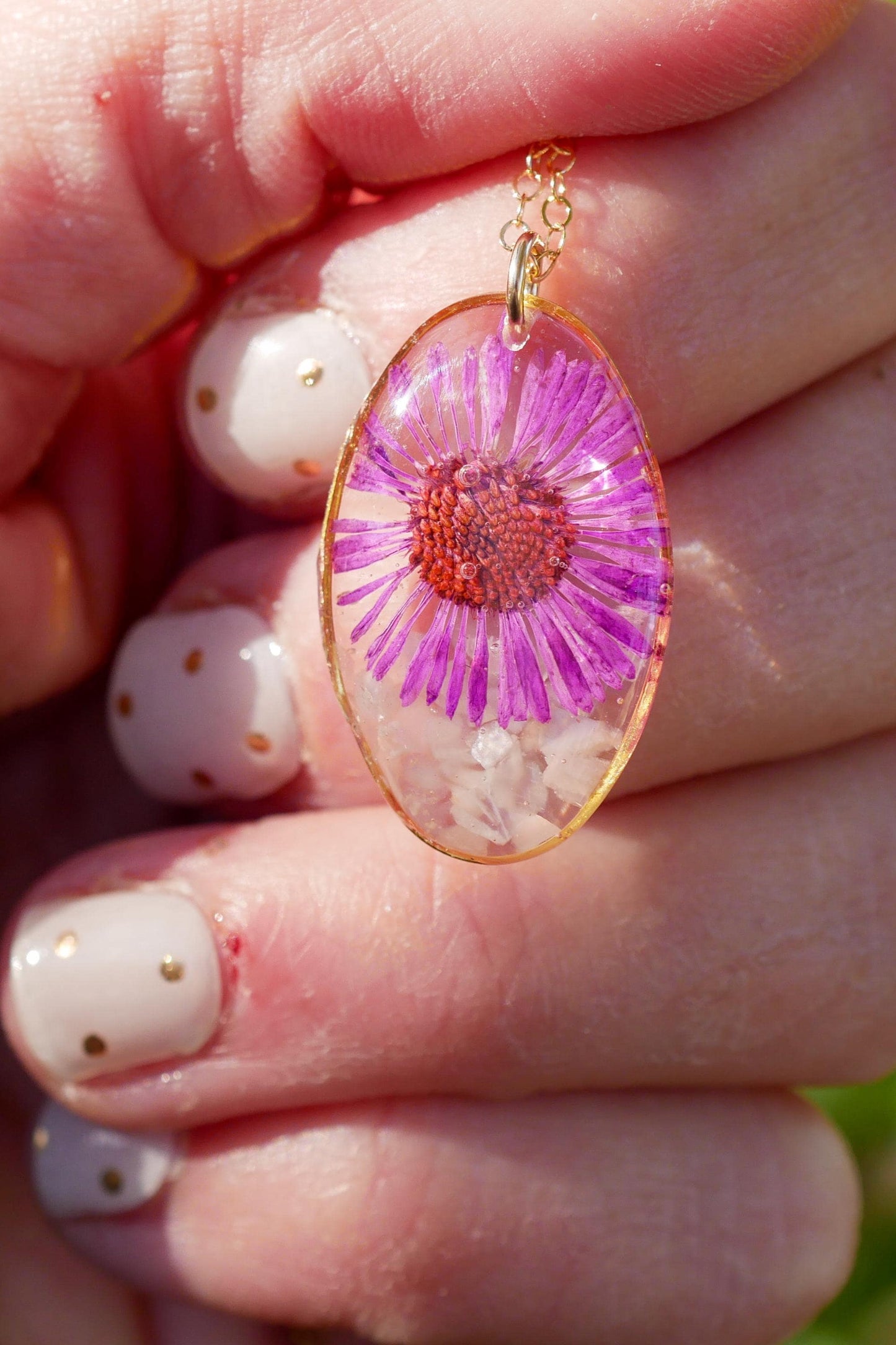 September birth flower and birthstone necklace. Crushed moonstone pressed aster, custom septum birthflower