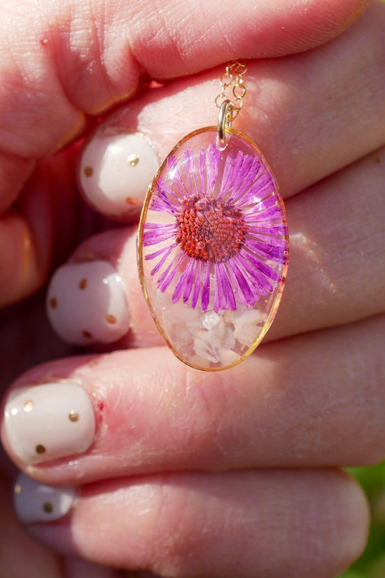 September birth flower and birthstone necklace. Crushed moonstone pressed aster, custom septum birthflower
