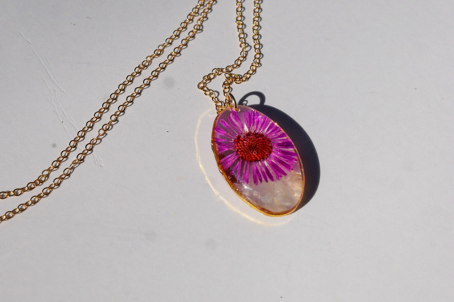 September birth flower and birthstone necklace. Crushed moonstone pressed aster, custom septum birthflower