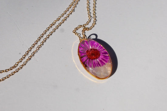 September birth flower and birthstone necklace. Crushed moonstone pressed aster, custom septum birthflower