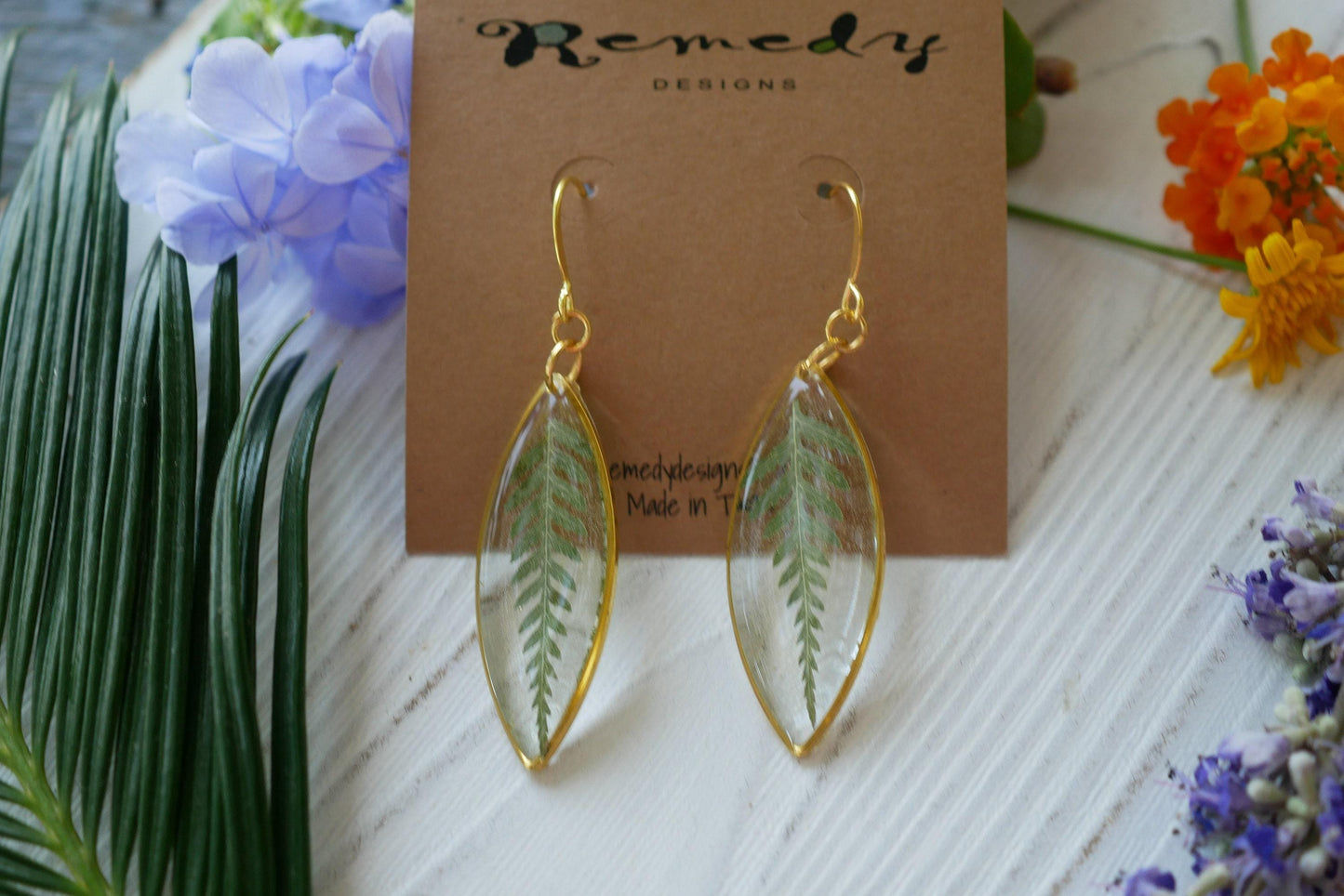 Pressed Leaf Earrings: Fern Design in Clear Resin (Gold Plated)