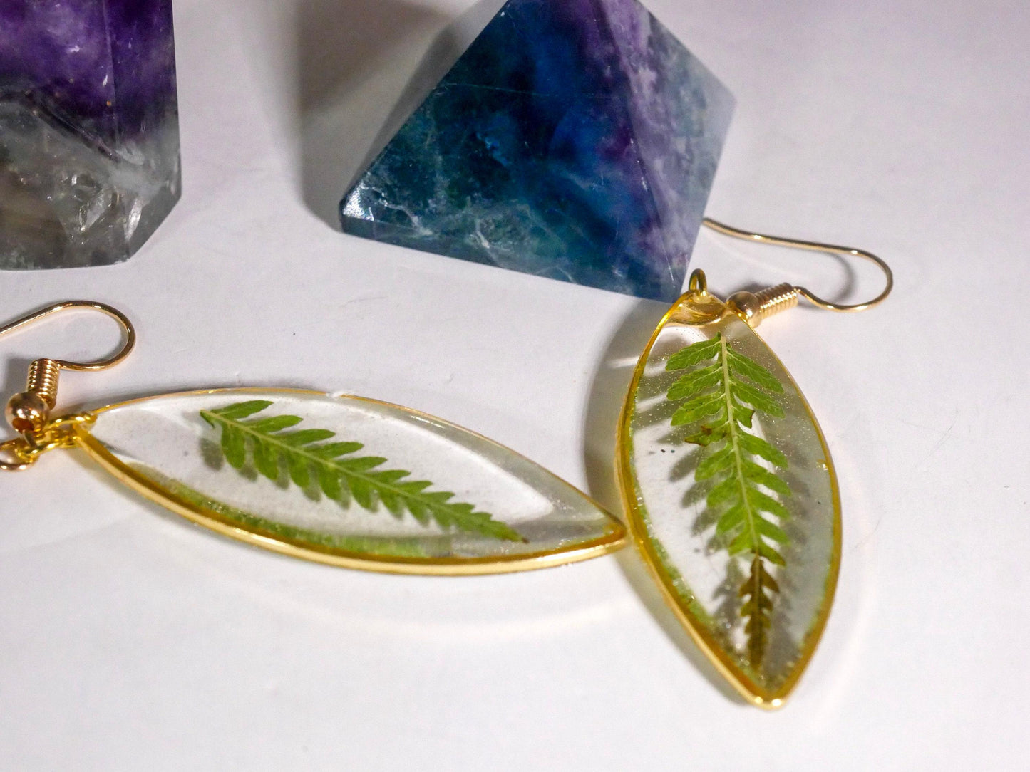 Pressed Leaf Earrings: Fern Design in Clear Resin (Gold Plated)