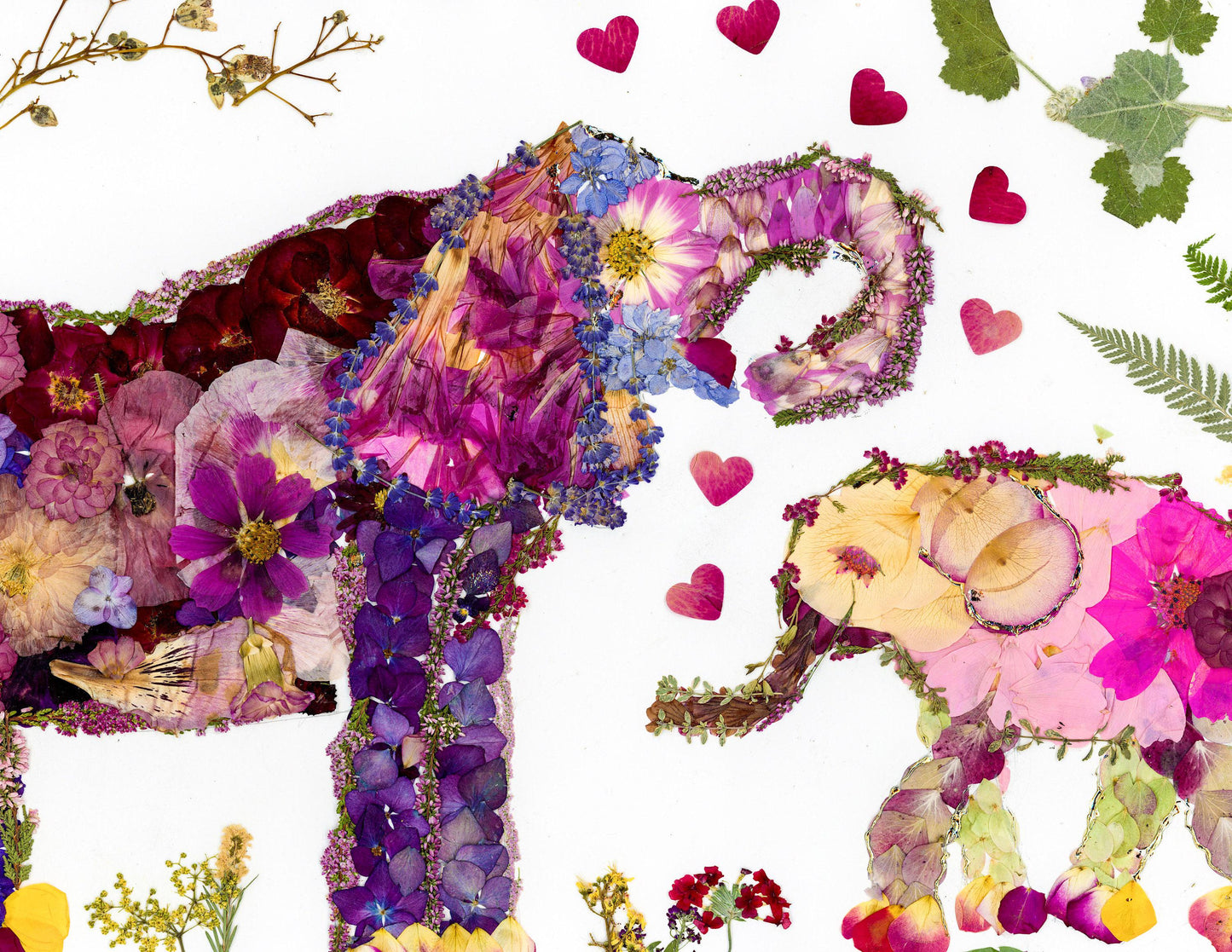 Pressed Flower Elephant Art Print: Mom and Baby, Nursery Decor