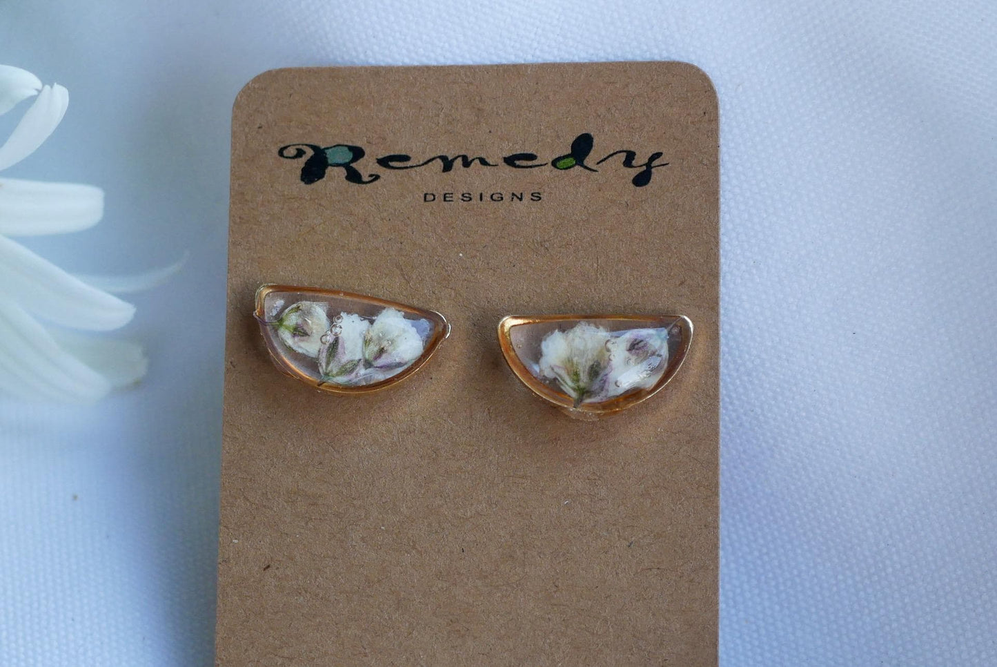 Pressed  baby's breath half moon stud earrings, dainty gold or silver floral studs-pressed flower jewelry-wedding jewelry- everyday earrings