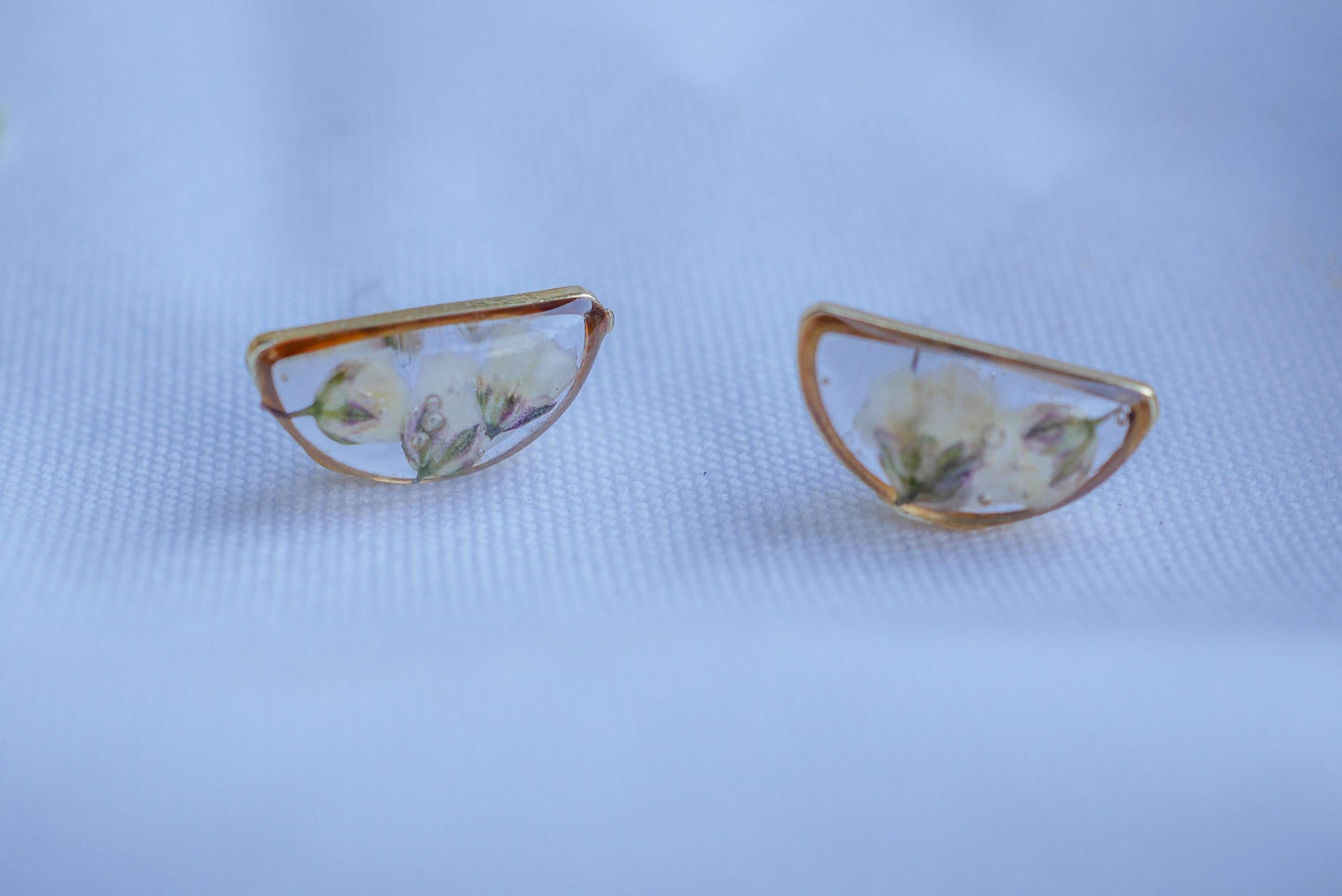 Pressed Baby’s Breath Earrings: Dainty Half Moon Floral Studs