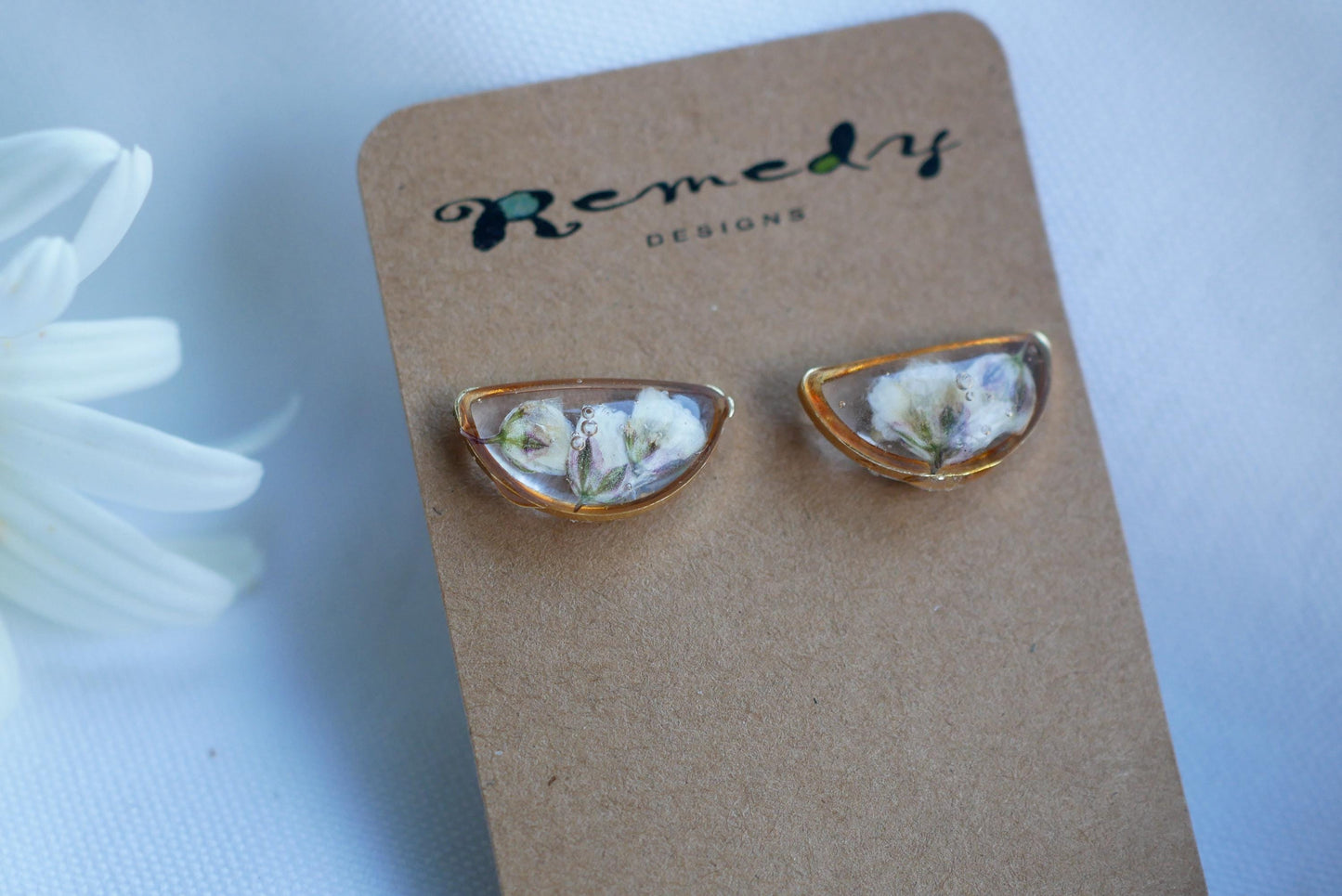 Pressed  baby's breath half moon stud earrings, dainty gold or silver floral studs-pressed flower jewelry-wedding jewelry- everyday earrings