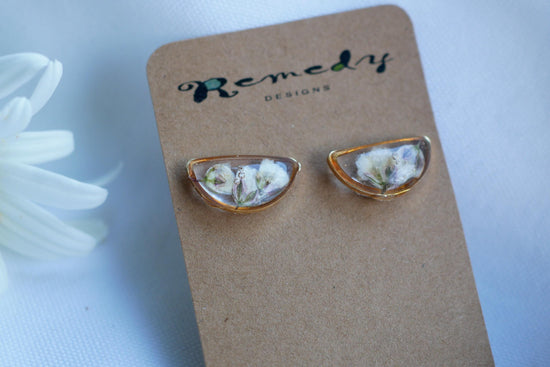 Pressed  baby's breath half moon stud earrings, dainty gold or silver floral studs-pressed flower jewelry-wedding jewelry- everyday earrings