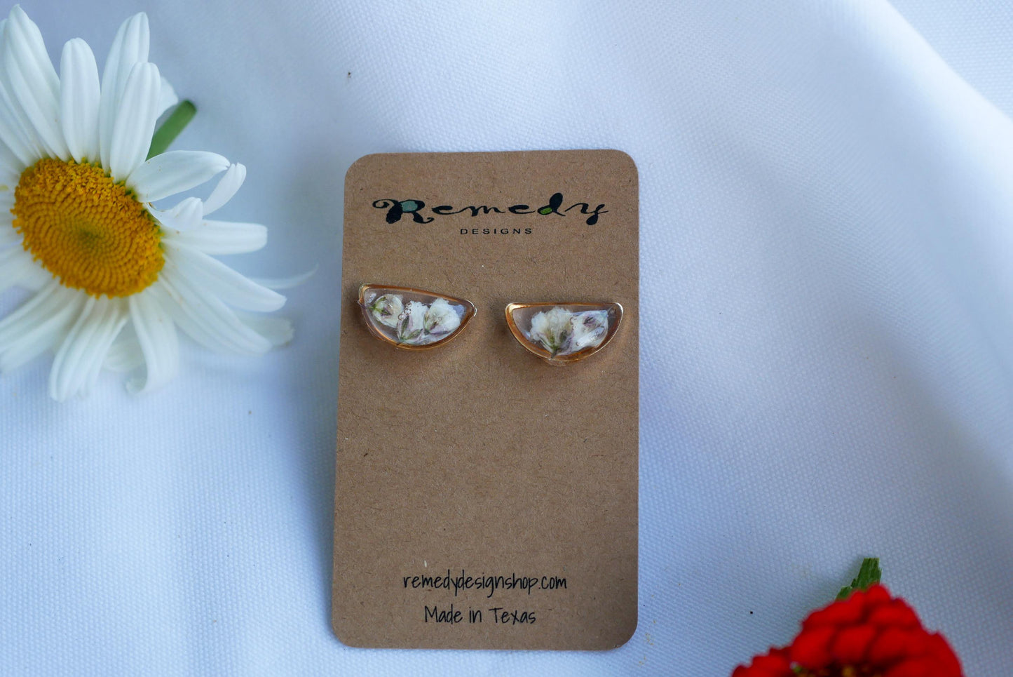 Pressed Baby’s Breath Earrings: Dainty Half Moon Floral Studs
