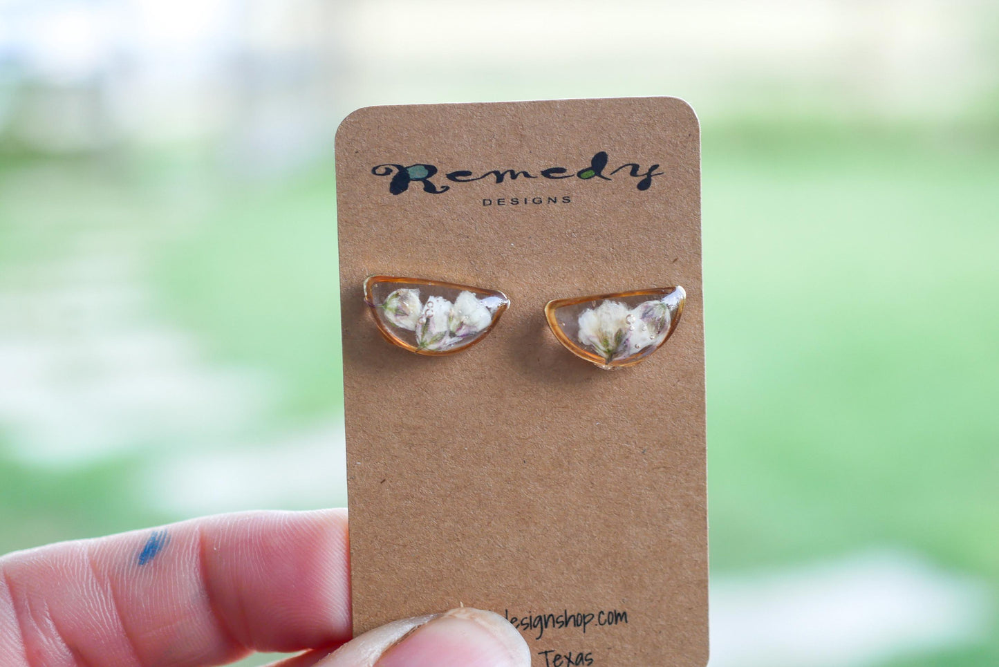 Pressed  baby's breath half moon stud earrings, dainty gold or silver floral studs-pressed flower jewelry-wedding jewelry- everyday earrings