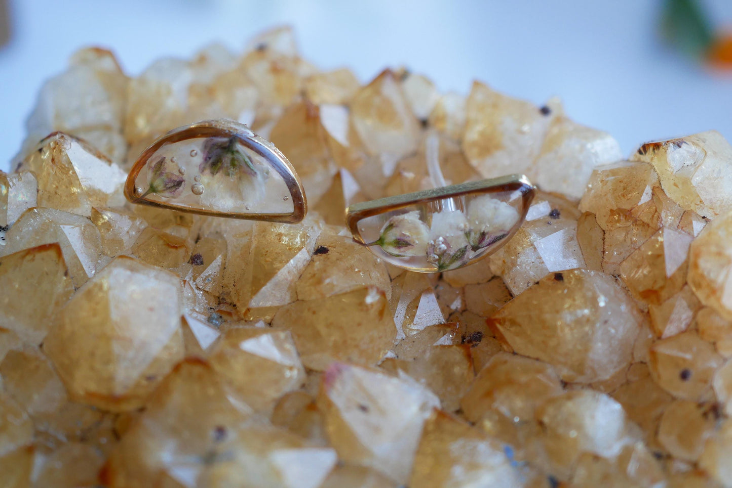Pressed  baby's breath half moon stud earrings, dainty gold or silver floral studs-pressed flower jewelry-wedding jewelry- everyday earrings