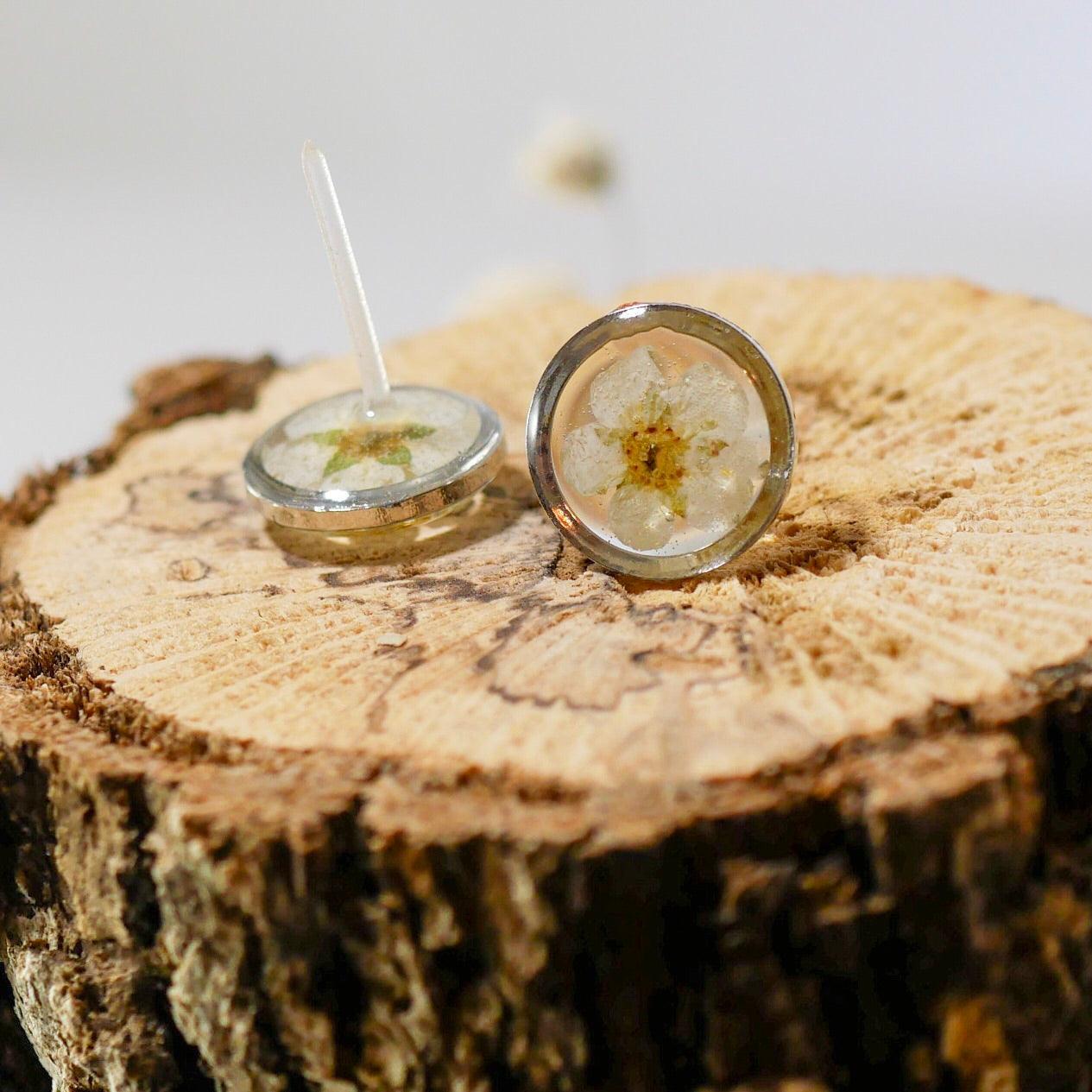 Pressed Flower Stud Earrings: Tiny White Blooms in Resin