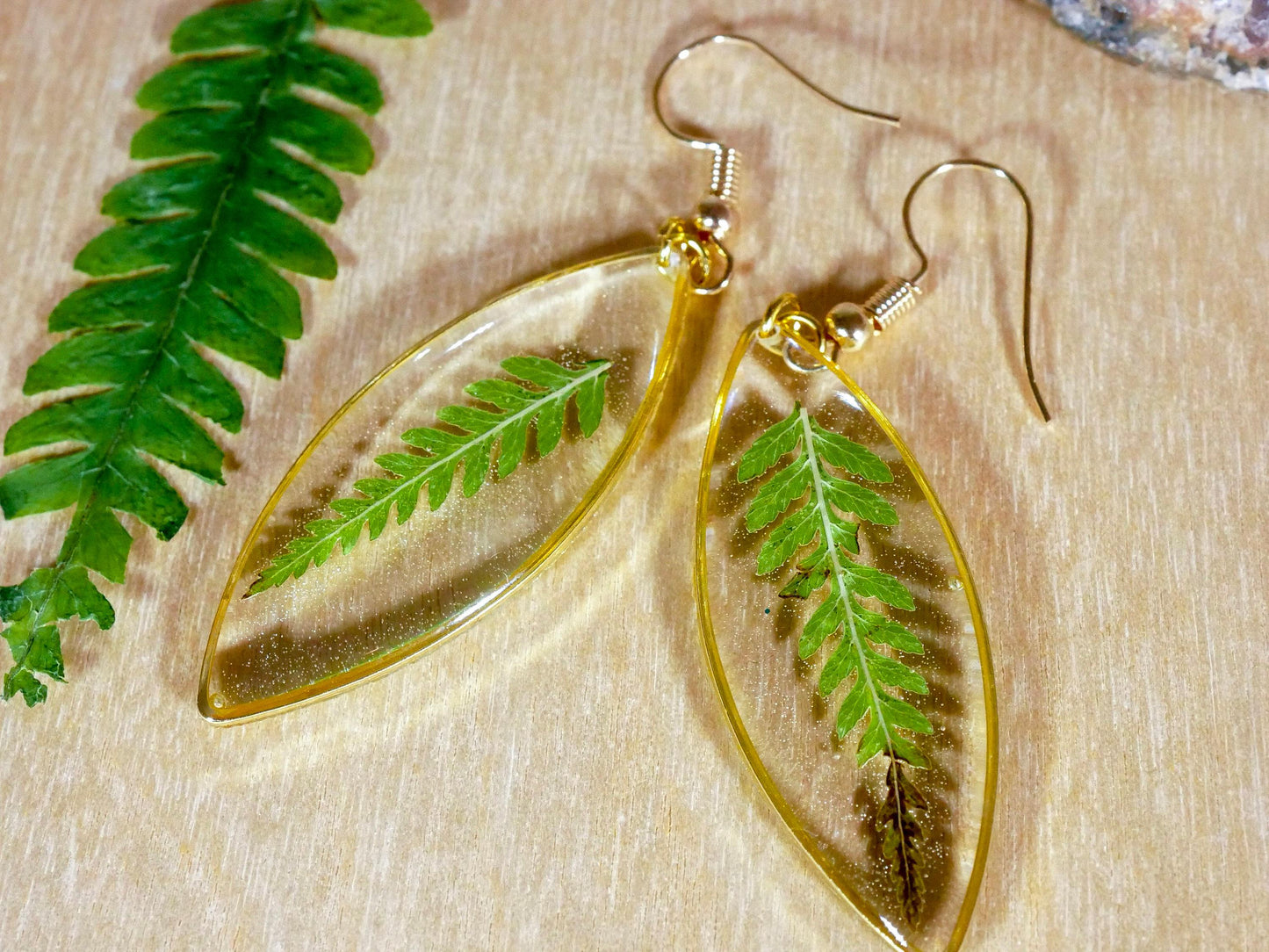 Pressed Leaf Earrings: Fern Design in Clear Resin (Gold Plated)