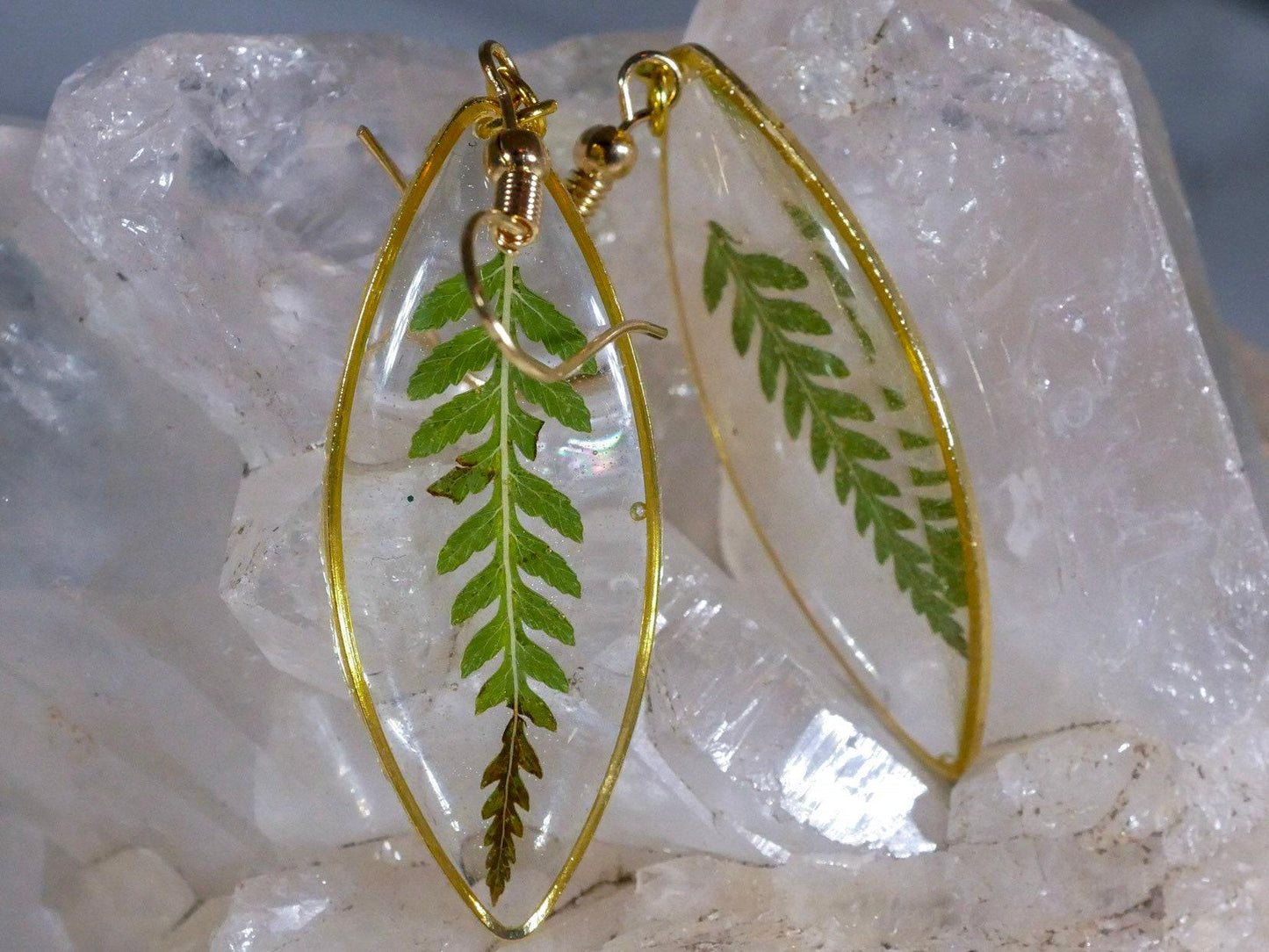 Pressed Leaf Earrings: Fern Design in Clear Resin (Gold Plated)